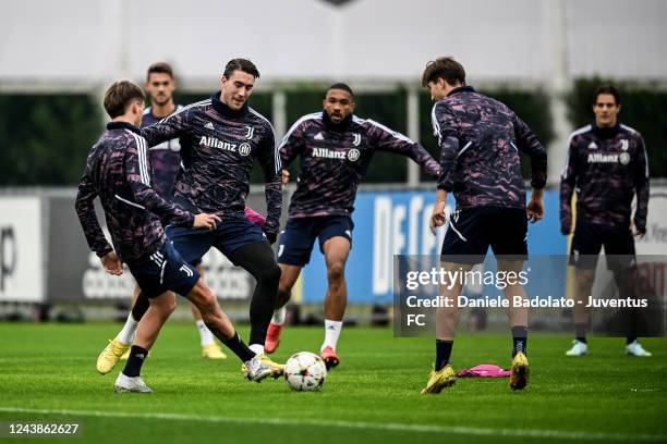 Dusan Vlahovic of Juventus during a training session ahead of their UEFA Champions League group H match against Maccabi Haifa FC at Sammy Ofer...