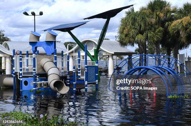 The Fort Mellon playground is seen underwater near the Sanford Riverwalk as the St. Johns River reaches major flood stage, causing Lake Monroe to...