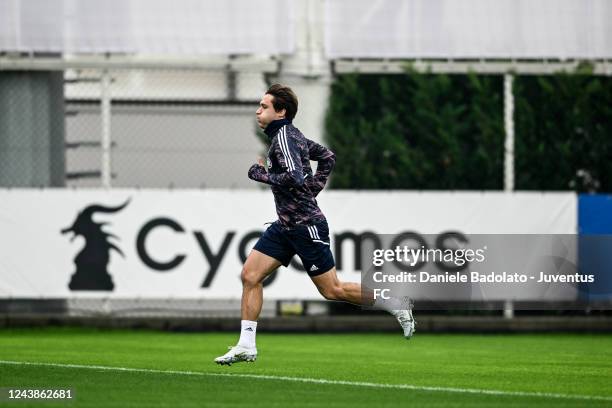 Federico Chiesa of Juventus during a training session ahead of their UEFA Champions League group H match against Maccabi Haifa FC at Sammy Ofer...