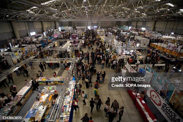 General view of the exhibition stands during the 29th edition of Romics, an international exhibition of comics, animation, video games, cinema and...
