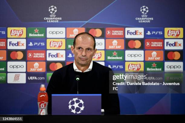 Massimiliano Allegri of Juventus during a press conference ahead of their UEFA Champions League group H match against Maccabi Haifa FC at Sammy Ofer...