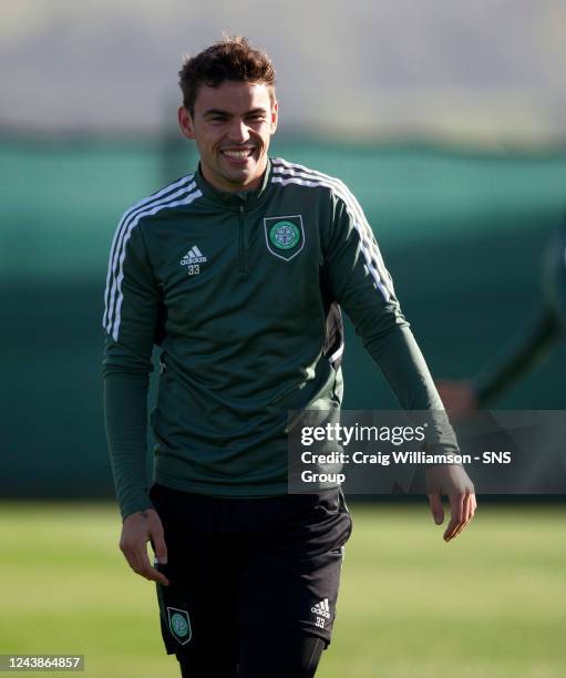 Matt O'Riley during a Celtic Training session at Celtic Park, on October 10 in Glasgow, Scotland.