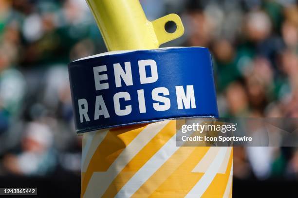 General view of the End Racism goal post pad during the National Football League game between the New York Jets and Miami Dolphins on October 9, 2022...