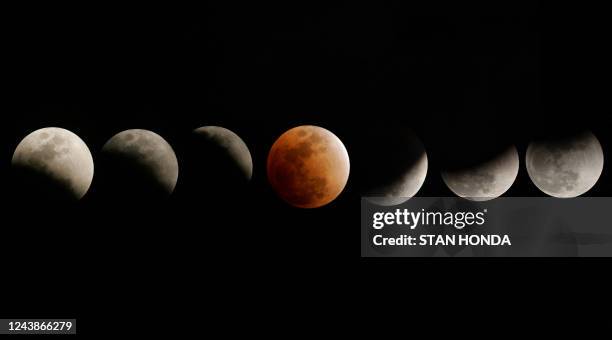 The moon enters and emerges from the earth's shadow during a total eclipse of the moon on February 20, 2008 over in Titusville, Florida in this...