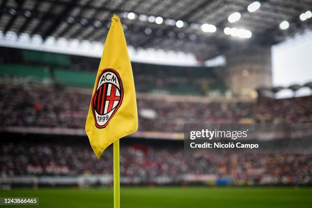 Corner flag bearing logo of AC Milan is seen prior to the Serie A football match between AC Milan and Juventus FC. AC Milan won 2-0 over Juventus FC.