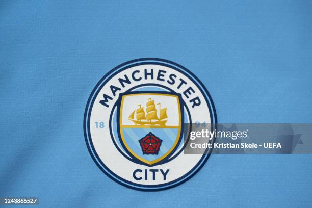 Detailed view of the badge of Manchester City FC during the UEFA Champions League 2022/23 Group Stage Teams Jerseys Shoot at UEFA Headquarters, The...