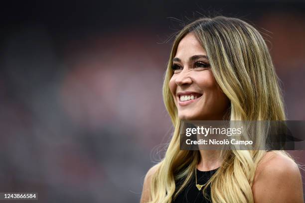 Diletta Leotta, anchor of DAZN broadcasts, smiles prior to the Serie A football match between AC Milan and Juventus FC. AC Milan won 2-0 over...