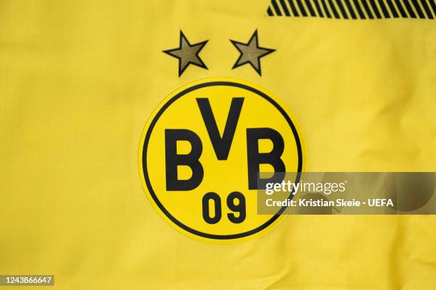 Detailed view of the badge of Borussia Dortmund during the UEFA Champions League 2022/23 Group Stage Teams Jerseys Shoot at UEFA Headquarters, The...