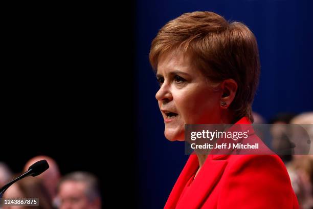 Scottish First Minister Nicola Sturgeon gives her keynote speech on day three of the Scottish National Party Conference in The Event Complex Aberdeen...