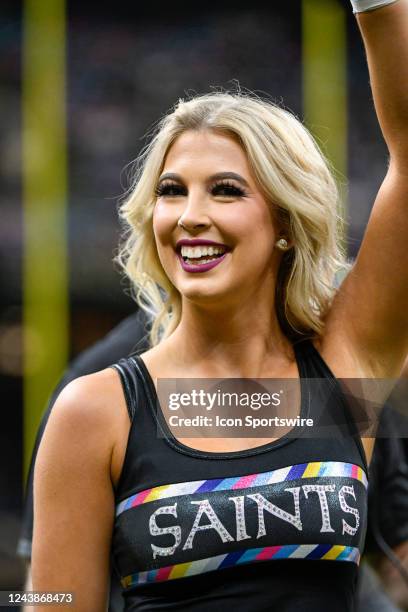 Saints cheerleaders rev up the crowd during the football game between the Seattle Seahawks and New Orleans Saints at Caesars Superdome on October 9,...