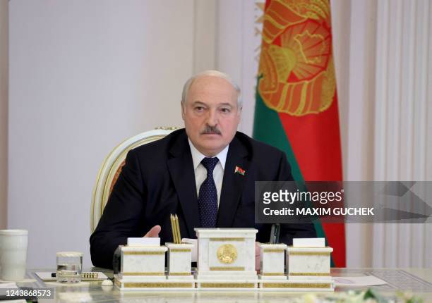 Belarus' President Alexander Lukashenko meets with military officials in Minsk on October 10, 2022. Belarusian leader Alexander Lukashenko, an ally...