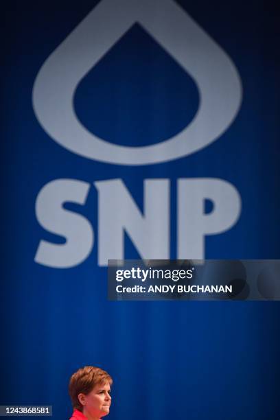 Scotland's First Minister and leader of the Scottish National Party , Nicola Sturgeon, delivers her speech to delegates at the annual SNP Conference...