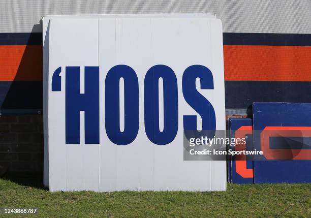 Virginia Cavaliers 'Hoos sign with logo on the sidelines prior to a college football game between the Louisville Cardinals and the Virginia Cavaliers...
