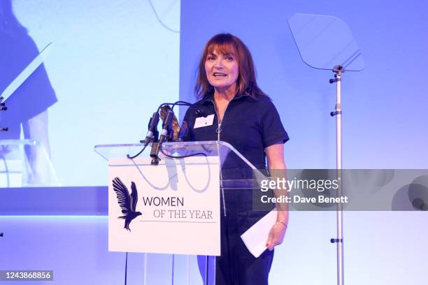 Lorraine Kelly presents onstage at the Women of the Year Lunch & Awards at Royal Lancaster Hotel on October 10, 2022 in London, England. The awards...
