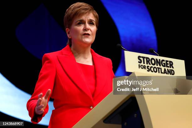 Scottish First Minister Nicola Sturgeon gives her keynote speech on day three of the Scottish National Party Conference in The Event Complex Aberdeen...