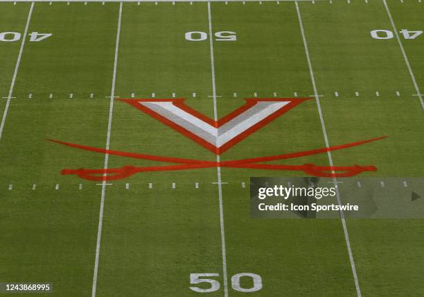 Virginia Cavaliers logo painted on field prior to a college football game between the Louisville Cardinals and the Virginia Cavaliers on October 08...