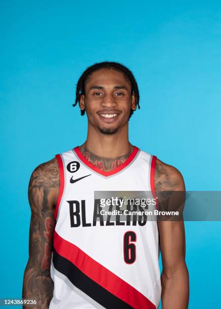 Keon Johnson of the Portland Trail Blazers poses for a head shot during NBA Media Day on October 7, 2022 at the MODA Center in Portland, Oregon. NOTE...