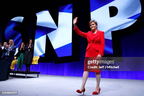 Scottish First Minister Nicola Sturgeon receives applause after her keynote speech on day three of the Scottish National Party Conference in The...