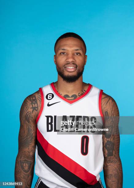 Damian Lillard of the Portland Trail Blazers poses for a head shot during NBA Media Day on October 7, 2022 at the MODA Center in Portland, Oregon....