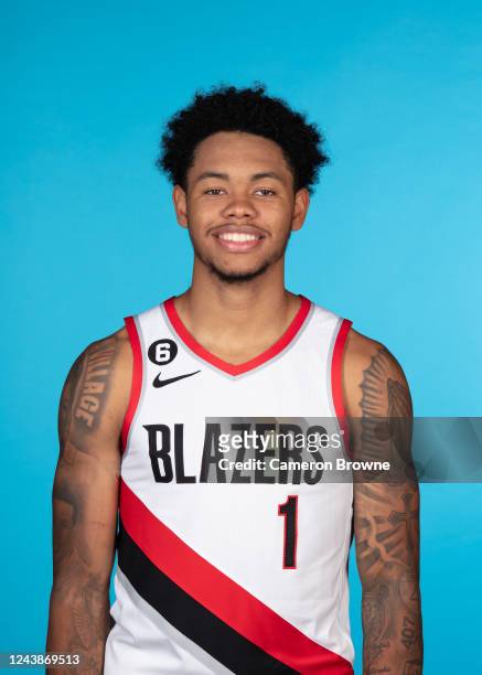 Anfernee Simons of the Portland Trail Blazers poses for a head shot during NBA Media Day on October 7, 2022 at the MODA Center in Portland, Oregon....