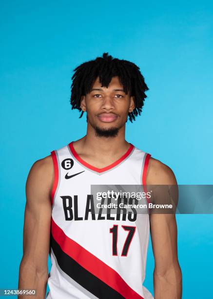 Shaedon Sharpe of the Portland Trail Blazers poses for a head shot during NBA Media Day on October 7, 2022 at the MODA Center in Portland, Oregon....