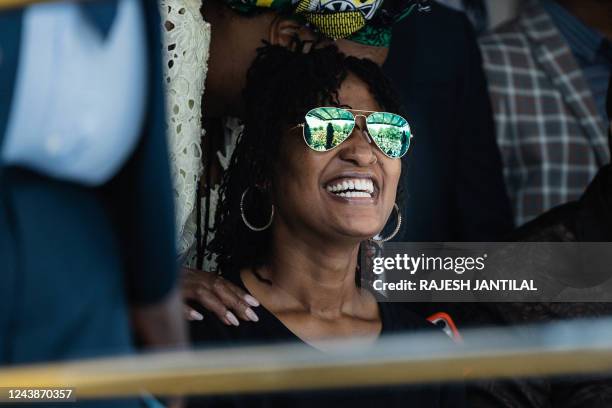 Duduzile Zuma daughter of former South African President Jacob Zuma reacts as Zuma addresses supporters outside of the High Court in...