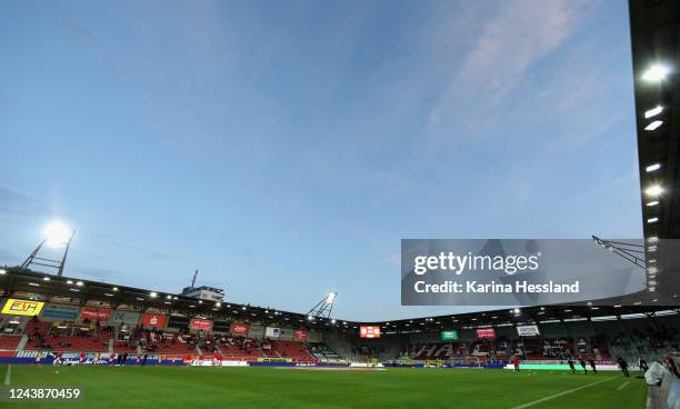 Stadium overview during the 3.Liga match between Hallescher FC and Borussia Dortmund II at Leuna-Chemie-Stadion on October 10, 2022 in Halle, Germany.