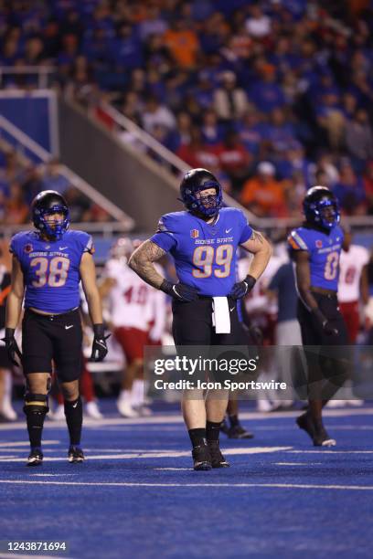 Boise State Broncos defensive tackle Scott Matlock looks to the sideline during a regular season NCAA football game between the Fresno State Bulldogs...