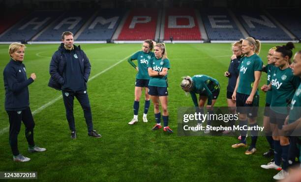 Scotland , United Kingdom - 10 October 2022; Manager Vera Pauw speaks to her team during a Republic of Ireland Women training session at Hampden Park...