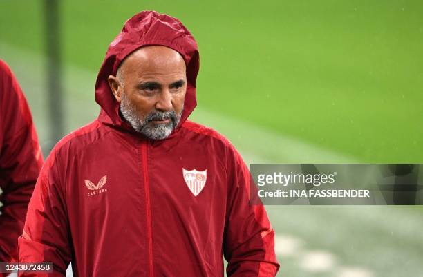 Sevilla's Argentinian coach Jorge Sampaoli looks on during a training session at the Signal Iduna Park in Dortmund, western Germany on October 10,...