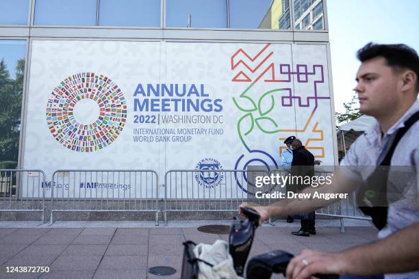 Signage outside the IMF headquarters is displayed on the first day of the IMF and World Bank Annual Meetings on October 10, 2022 in Washington, DC....