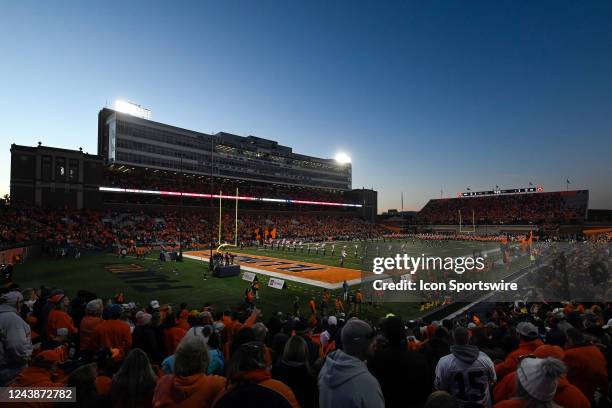 An overview of the stadium as the band performs before the college football game between the Iowa Hawkeyes and the Illinois Fighting Illini on...