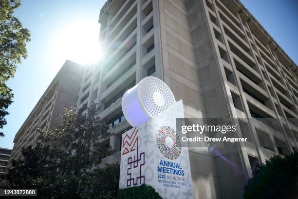 Signage outside the IMF headquarters is displayed on the first day of the IMF and World Bank Annual Meetings on October 10, 2022 in Washington, DC....