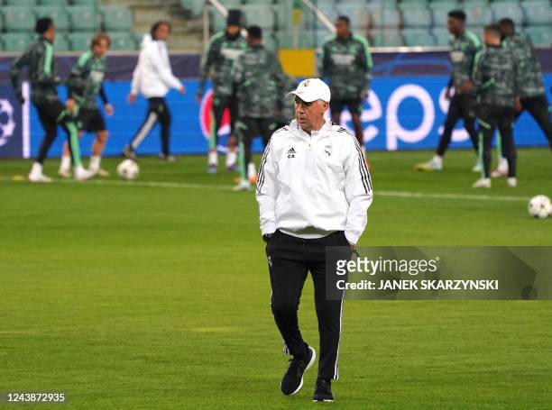 Real Madrid's Italian coach Carlo Ancelotti attends a training session at the Legia Warsaw stadium in Warsaw, Poland, on October 10 on the eve of the...