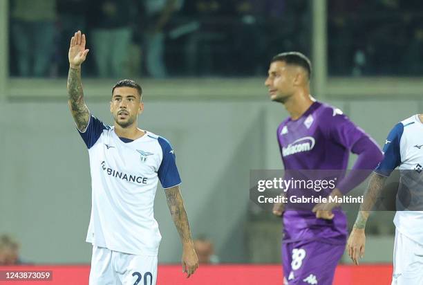 Mattia Zaccagni of SS Lazio celebrates after scoring a goal during the Serie A match between ACF Fiorentina and SS Lazio at Stadio Artemio Franchi on...