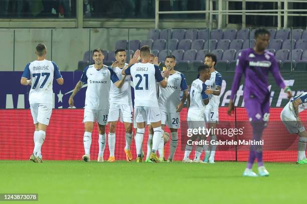 Mattia Zaccagni of SS Lazio celebrates after scoring a goal during the Serie A match between ACF Fiorentina and SS Lazio at Stadio Artemio Franchi on...