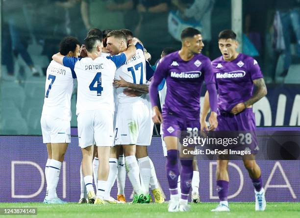 Matias Vecino of SS Lazio celebrates after scoring his team's first goal with team mates during the Serie A match between ACF Fiorentina and SS Lazio...