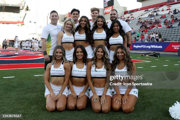 Oregon Ducks cheerleaders prior to a football game between the University of Oregon Ducks and the University of Arizona Wildcats on October 8, 2022...