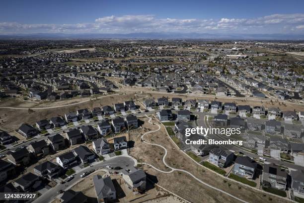 Single family homes in a housing development in Aurora, Colorado, US, on Monday, Oct. 10, 2022. US mortgage rates last week jumped to a 16-year high,...