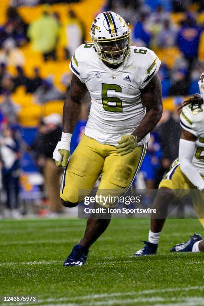 Georgia Tech Yellow Jackets defensive lineman Keion White looks on during the college football game between the Georgia Tech Yellow Jackets and the...