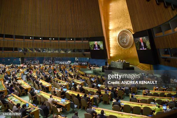 Russias Ambassador to the United Nations Vassily Nebenzia speaks during a United Nations general assembly meeting following the Russian security...