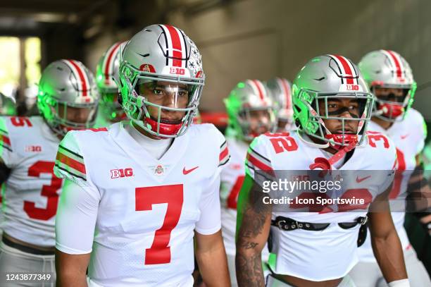 Ohio State Buckeyes quarterback C.J. Stroud and running back TreVeyon Henderson take the field prior to a college football game between the Michigan...