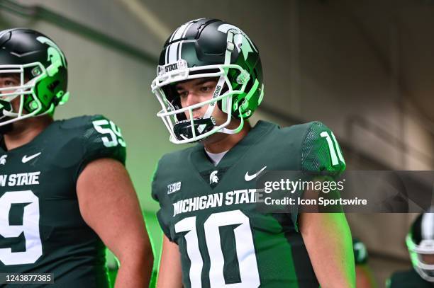 Michigan State Spartans quarterback Payton Thorne enters the playing field before a college football game between the Michigan State Spartans and...