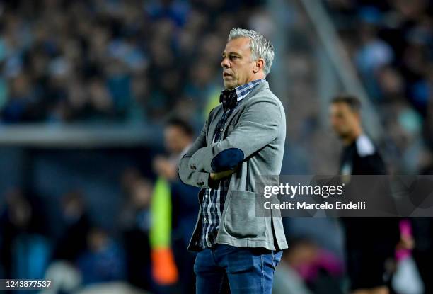 Lucas Pusineri coach of Atletico Tucuman looks on during a match between Racing Club and Atletico Tucuman as part of Liga Profesional 2022 at...