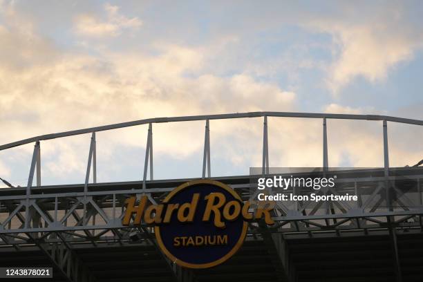 The Hard Rock Stadium sign at the top of the stadium with evening clouds during the game between the North Carolina Tar Heels and the Miami...