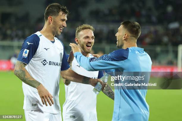 Alessio Romagnoli, Manuel Lazzari and Mattia Zaccagni of SS Lazio laugh during the Serie A match between ACF Fiorentina and SS Lazio at Stadio...