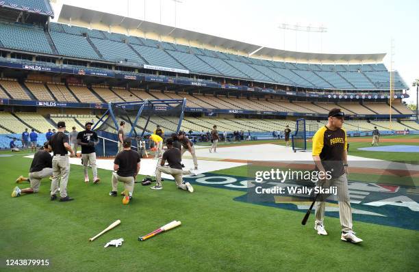 Los Angeles, California October10, 2022-Padre players warm-up during a workout a day before the start of the NLDS at Dodgers Stadium.