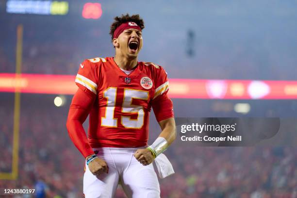 Patrick Mahomes of the Kansas City Chiefs yells during his pregame celebration against the Las Vegas Raiders at GEHA Field at Arrowhead Stadium on...