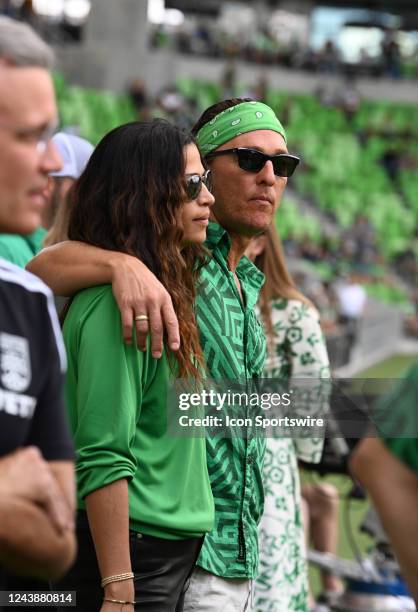 Austin FC partial owner Matthew McConaughey watches warm ups with his wife Camila Alves prior to game between the Colorado Rapids and Austin FC on...