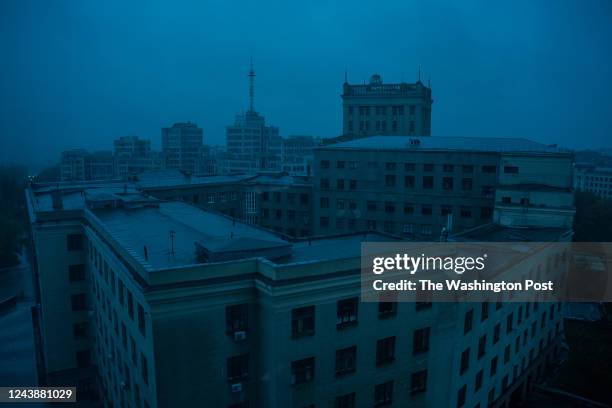 The city center at dusk in Kharkiv, Ukraine, on Oct. 10, 2022.